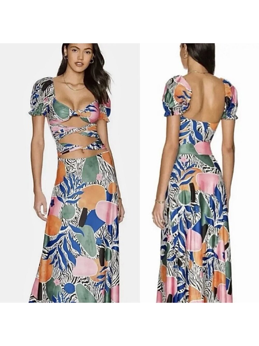 Agua Bendita x Revolve Bali Maxi Dress Cutout Twist Front Puff Sleeves Sz Large